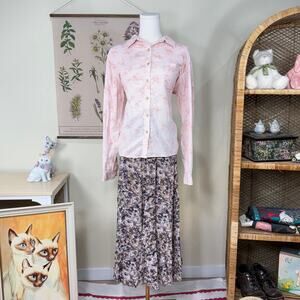 Vintage 90s Floral Crinkle Maxi Skirt Grandma Cottage Prairie Fairy Garden S